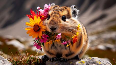 Pika with a bunch of flowers in its mouth wallpaper