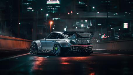 Futuristic Porsche RWB in Cyberpunk Cityscape wallpaper