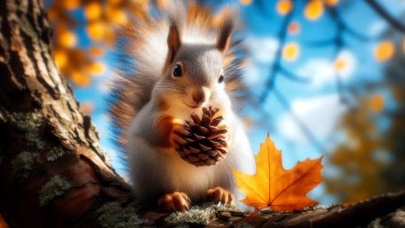 Grey squirrel with a pinecone in autumn wallpaper