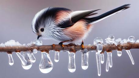 Long-tailed tit on a steam drinking from icicles wallpaper