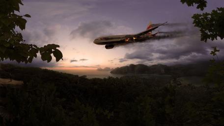 Plane Ablaze: A Mysterious Descent at Dusk wallpaper