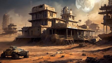 Apocalyptic Moonlit Sands: A Futuristic Wasteland Scene wallpaper