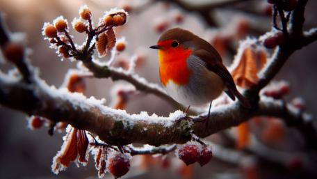 A Robin on a tree branch during Winter wallpaper