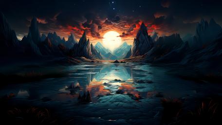 Mystical Twilight Reflections in Fantasy Lake Landscape wallpaper