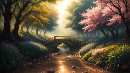 Idyllic Fantasy Bridge in Enchanted Forest wallpaper