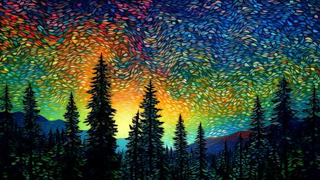 Mystical Nightfall in a Psychedelic Forest wallpaper