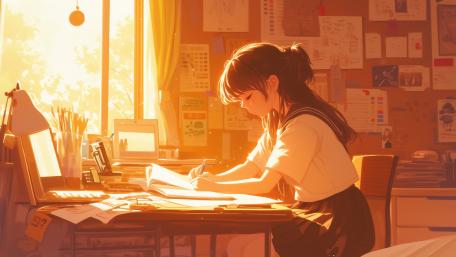 Anime Schoolgirl in Lo-fi Study Room wallpaper
