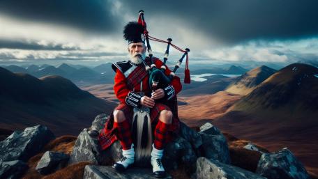 Scottish Piper on a mountaintop, playing his instrument wallpaper