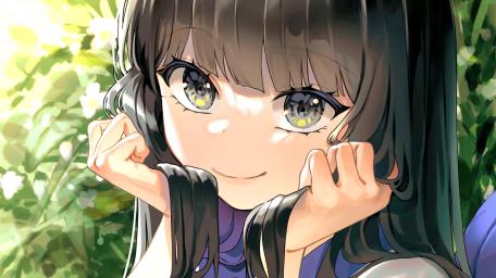 Anime Girl's Enigmatic Smile in Lush Garden Setting wallpaper