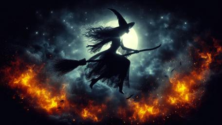 Witch on a broom flying wallpaper