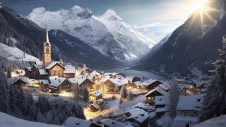 Winter Wonderland in an Alpine Village wallpaper