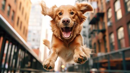 Golden Retriever's Joyful Leap in the Cityscape wallpaper