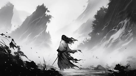 Monochrome Samurai in Misty Mountains wallpaper