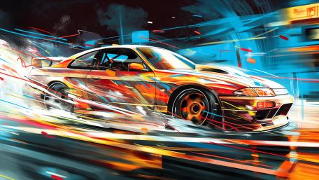Nissan Skyline Drifting in Vibrant Motion Art 4K wallpaper