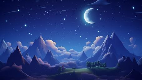 Enchanted Nightscape under Crescent Moon wallpaper