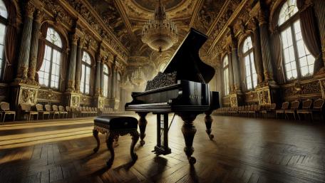 A Grand piano in a grand hall ready for a performance wallpaper