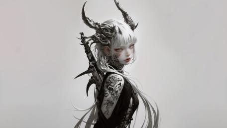 Demonic Elegance in Ink and Horns wallpaper