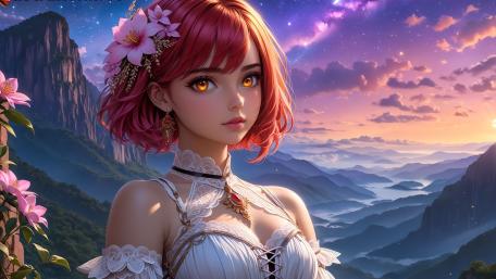 Red-Haired Enchantment in a Mystical Landscape wallpaper
