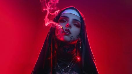 Cyberpunk Vampire Nun Ascends in Smoky Aura wallpaper