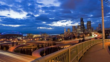 Seattle Cityscape at Dusk Overpass View wallpaper