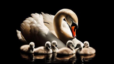 A Swan and Signets close together wallpaper