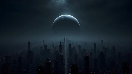 Fantasy Skyline Beneath a Giant Moon’s Glow wallpaper