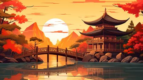 Sunset Serenity in a Japanese Anime Landscape wallpaper