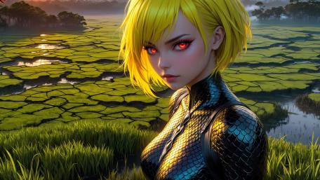 Green-Haired Anime Warrior in Enchanted Landscape wallpaper