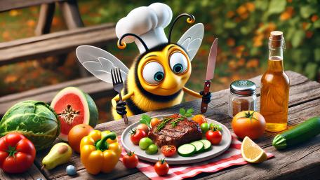 A Bee's Culinary Adventure with Steak and Veggies wallpaper