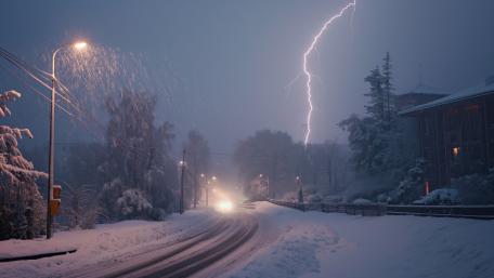 Winter Storm Road with Lightning in 5K Clarity wallpaper