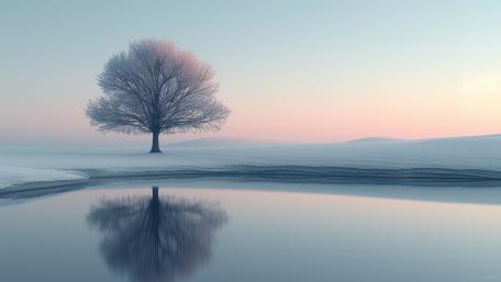 Solitary Tree in Misty Winter Dusk wallpaper