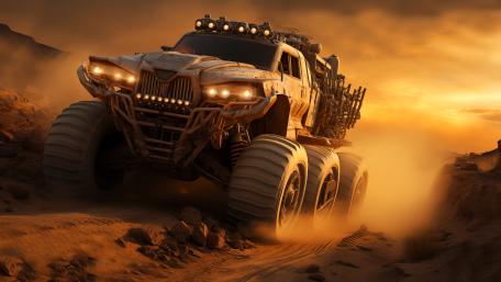 Futuristic Monster Truck Conquers the Desert Sands wallpaper