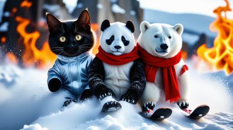 Skiing Buddies: Cat Panda and Polar Bear Duo wallpaper