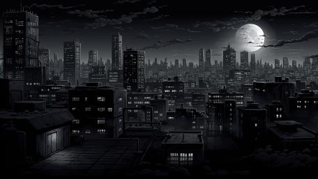 Dark Moonlit Cityscape: Urban Fantasy in Monochrome Art wallpaper