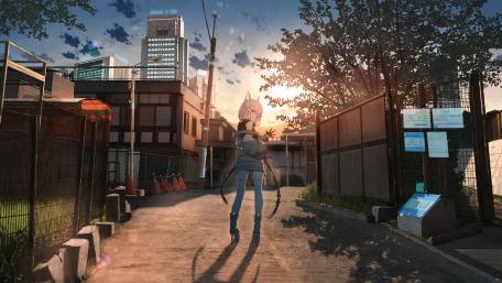 Neko Girl in a Bustling Anime City wallpaper