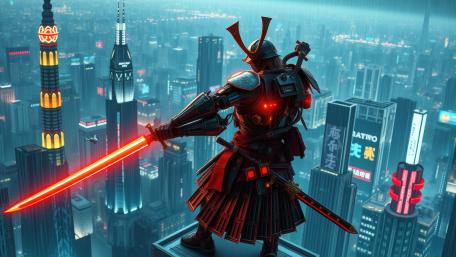 Samurai in a Futuristic Cyberpunk Cityscape wallpaper