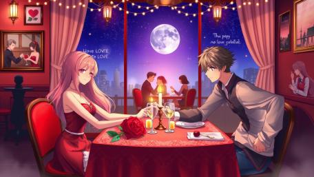 Romantic Dinner Under Moonlit Sky in Anime Style wallpaper