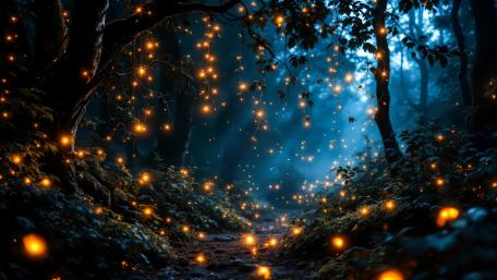 Magical forest illuminated with strange lights. wallpaper