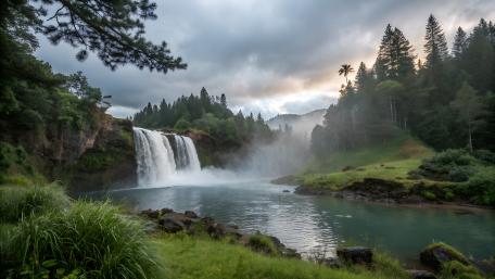 Waterfall Serenity in a Lush Forest Setting wallpaper