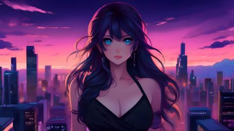 Anime Nightscape Charm with Blue-Eyed Beauty wallpaper