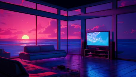 Neon Sunset Living Room Escape wallpaper