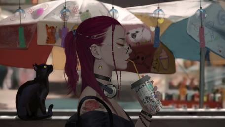 Redhead Anime Girl Enjoys a Drink with Cat Friend wallpaper