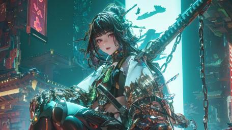 Samurai Warrior in a Futuristic Neon City wallpaper