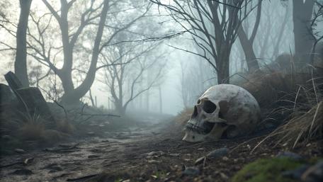 Misty Woodland Haunting with Skull and Fog wallpaper