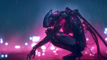 Cyborg Contemplation in Neon Rain wallpaper