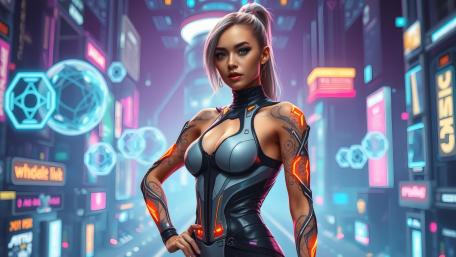 Neon Cyborg Heroine in a Futuristic Cityscape wallpaper