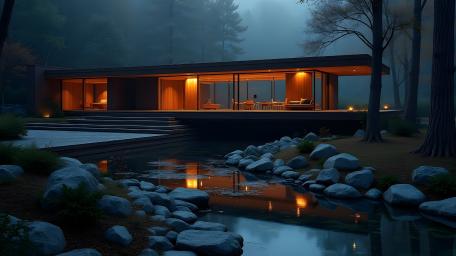 Luxury Villa at Twilight Amidst the Forest wallpaper
