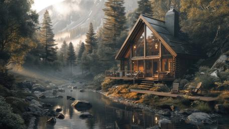 Serene Woodland Retreat with Log Cabin Charm wallpaper