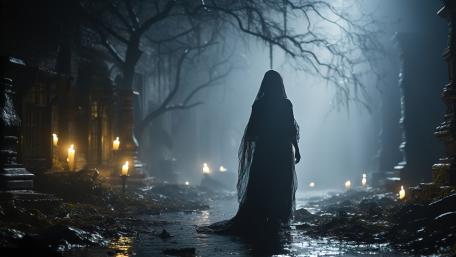 Mysterious Figure Wanders in Haunted Cemetery wallpaper