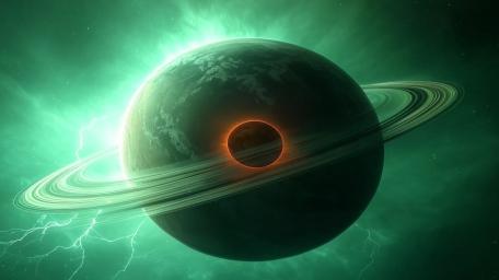 Green Eclipse over a Ringed Planet wallpaper